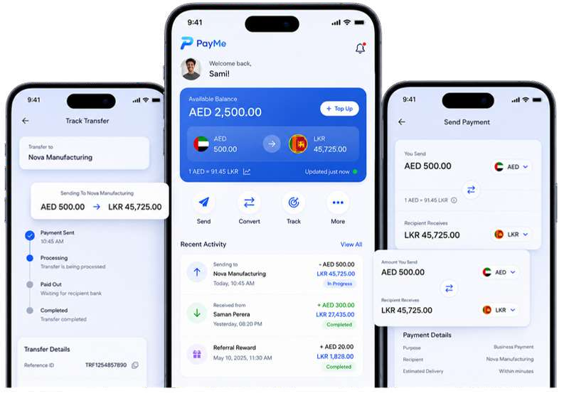 PayMe app concept showing the dashboard, transfer review and tracking screens